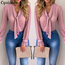 Load image into Gallery viewer, Cysincos Chiffon Blouses Women 2019 Autumn Fashion Long Sleeve V-neck Pink Shirt Office Blouse Slim Casual Tops Female Plus Size