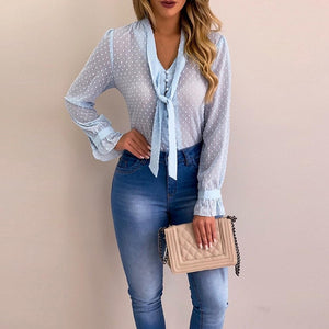 Cysincos Chiffon Blouses Women 2019 Autumn Fashion Long Sleeve V-neck Pink Shirt Office Blouse Slim Casual Tops Female Plus Size