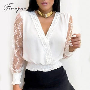 Femajor Fashion White Lace Sleeves Women Crop Tops and Blouse Female Casual V Neck Chic Chiffon Shirt Mujer Blusa Plus Size