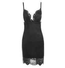 Load image into Gallery viewer, Women Sexy Bandage Bodycon Mini Dress Leather Party Clubwear Women V-neck PU Solid Lace Patchwork Spaghetti Strap Sheath Dresses