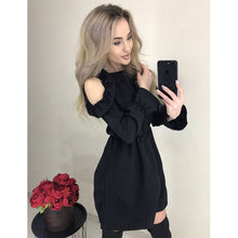 Load image into Gallery viewer, 2019 Autumn Women Solid Ruffle Mini Dress Sexy Off Shoulder Long Sleeve Elastic Waist Dress Women Casual A Line Party Dresses