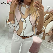 Load image into Gallery viewer, Wenyujh 2019 Autumn Casual Blouse Women Elegant Top Female O-Neck Basic Shirt Adjustable Sleeve Chains Print Button Blouses