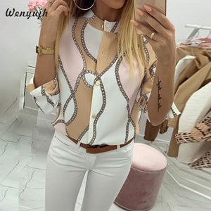 Wenyujh 2019 Autumn Casual Blouse Women Elegant Top Female O-Neck Basic Shirt Adjustable Sleeve Chains Print Button Blouses