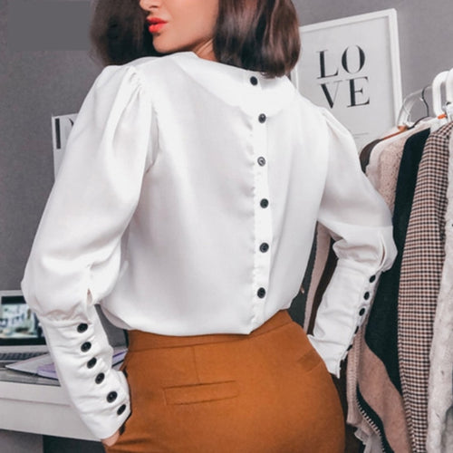 Women Office Lady Back Button Blouse Long Sleeve V neck Solid Casual Elegant Shirt 2019 Autumn New Fashion Women Tops Blusas