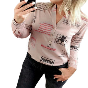 Wenyujh 2019 Autumn Casual Blouse Women Elegant Top Female O-Neck Basic Shirt Adjustable Sleeve Chains Print Button Blouses