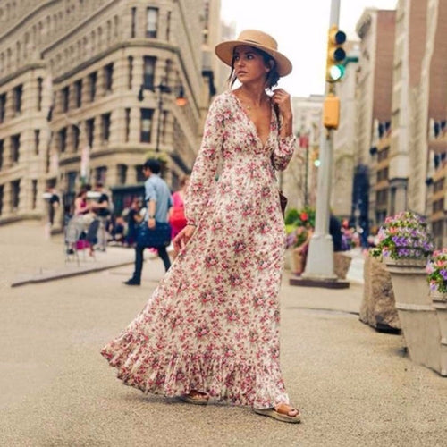 Retro Vintage Floral Printed Long Dresses Vestidos Full Sleeve V-Neck High Waist Loose Boho Beach Dress XXL