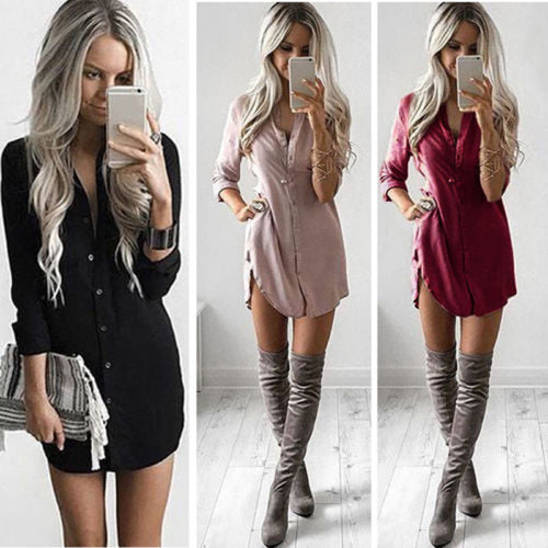 Meihuida Women arrival Shirt Dress Summer Casual Loose Long Sleeve Blouse Dress MIni Vacation Dresses Vestidos